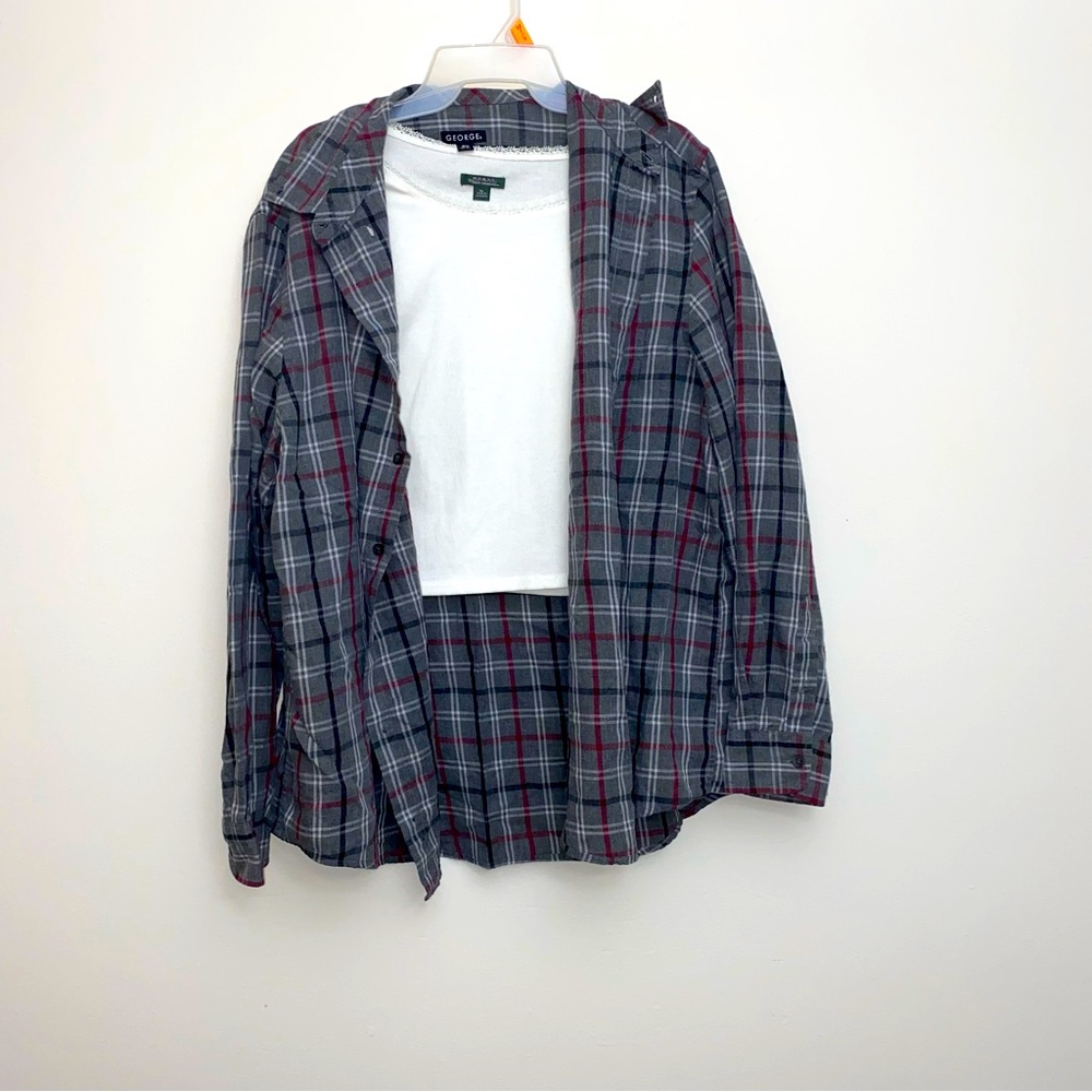 Plaid Flannel Shirt with Long Sleeve White Crop Ribbed Shirt Set Size XL